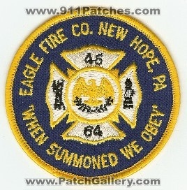 Eagle Fire Co
Thanks to PaulsFirePatches.com for this scan.
Keywords: pennsylvania company 46 64 new hope