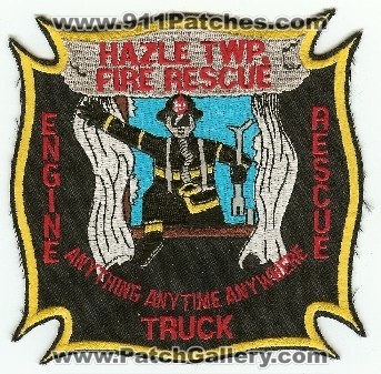 Hazle Twp Fire Rescue
Thanks to PaulsFirePatches.com for this scan.
Keywords: pennsylvania township engine rescue truck
