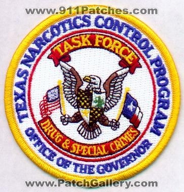Texas Narcotics Control Program
Thanks to EmblemAndPatchSales.com for this scan.
Keywords: task force office of the governor drug & special crimes