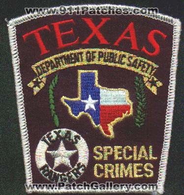 Texas Rangers Special Crimes
Thanks to EmblemAndPatchSales.com for this scan.
Keywords: department of public safety dps