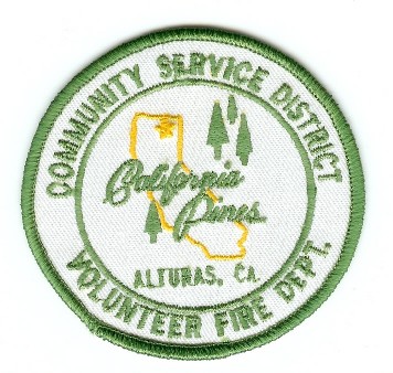 California Pines Volunteer Fire Dept
Thanks to PaulsFirePatches.com for this scan.
Keywords: california department alturas community service district
