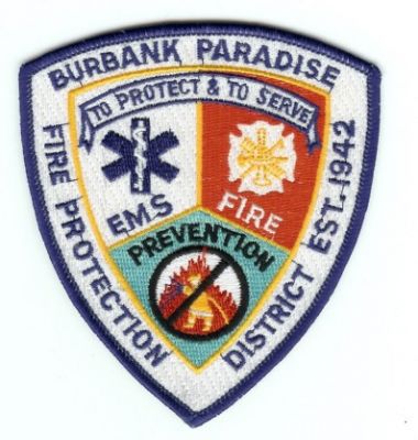 Burbank Paradise Fire Protection District
Thanks to PaulsFirePatches.com for this scan.
Keywords: california