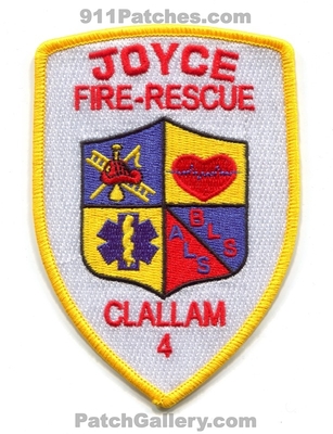 Clallam County Fire District 4 Joyce Fire Rescue Department Patch (Washington)
Scan By: PatchGallery.com
[b]Patch Made By: 911Patches.com[/b]
Keywords: co. dist. number no. #4 dept. als bls