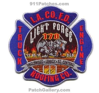 Los Angeles County Fire Department Station 170 Patch (California)
Scan By: PatchGallery.com
Keywords: co. of dept. lacofd l.a.co.f.d. company engine truck light force roofing inglewood lennox south so. central