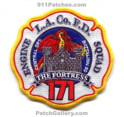 Los Angeles County Fire Department Station 171 Patch (California)
Scan By: PatchGallery.com
Keywords: co. of dept. lacofd l.a.co.f.d. company engine squad battalion 20 central ops the fortress