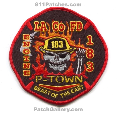 Los Angeles County Fire Department Station 183 Patch (California)
Scan By: PatchGallery.com
Keywords: co. of dept. lacofd l.a.co.f.d. company engine p-town beast of the east skull