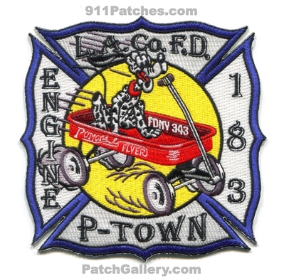 Los Angeles County Fire Department Station 183 Patch (California)
Scan By: PatchGallery.com
Keywords: co. of dept. lacofd l.a.co.f.d. company engine p-town dalmation pomona flyer