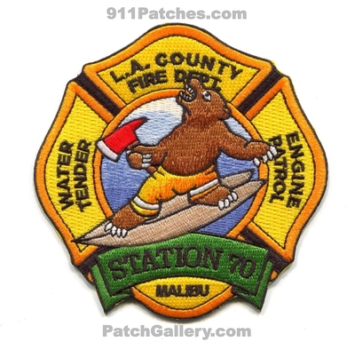 Los Angeles County Fire Department Station 70 Patch (California)
Scan By: PatchGallery.com
[b]Patch Made By: 911Patches.com[/b]
Keywords: Co. Dept. LACoFD L.A.Co.F.D. Engine Patrol Water Tender Company Malibu - Bear on a Surfboard