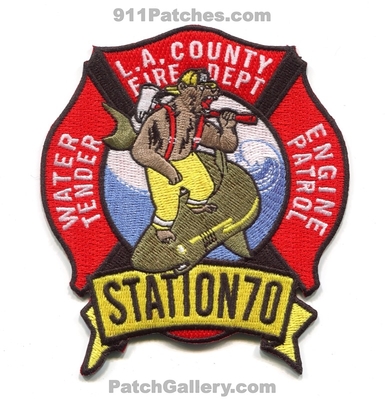 Los Angeles County Fire Department Station 70 Patch (California)
Scan By: PatchGallery.com
[b]Patch Made By: 911Patches.com[/b]
Keywords: Co. Dept. LACoFD L.A.Co.F.D. Engine Patrol Water Tender Company Bear on a Shark