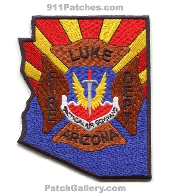 Luke Air Force Base AFB Fire Department USAF Military Patches (Arizona) (State Shape)
Scan By: PatchGallery.com
Keywords: A.F.B. Dept. U.S.A.F. United States Air Force Tactical Air Command