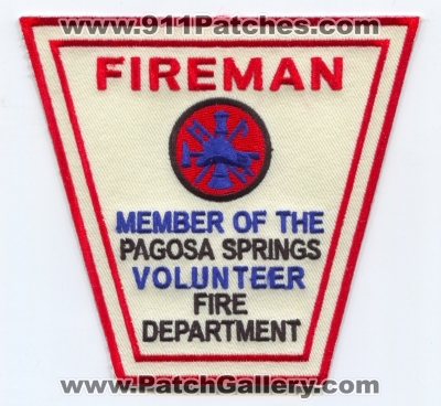 Pagosa Springs Volunteer Fire Department Fireman Patch (Colorado)
[b]Scan From: Our Collection[/b]
Keywords: vol. dept. member of the