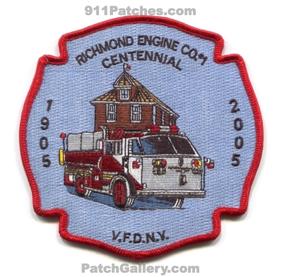 Richmond Volunteer Fire Department Engine Company 1 Centennial Patch (New York)
Scan By: PatchGallery.com
Keywords: vol. dept. co. number no. #1 100 years 1905 2005 vfdny v.f.d.n.y.