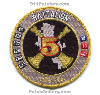 Seattle Fire Department Battalion 5 Patch (Washington)
[b]Scan From: Our Collection[/b]
Keywords: dept. sfd chief engine ladder e6 e13 e27 e28 e30 e33 l3 l12 r1 rescue