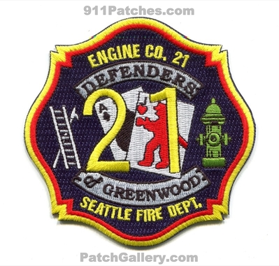 Seattle Fire Department Engine 21 Patch (Washington)
[b]Scan From: Our Collection[/b]
[b]Patch Made By: 911Patches.com[/b]
Keywords: dept. sfd s.f.d. company co. number no. #21 station defenders of greenwood
