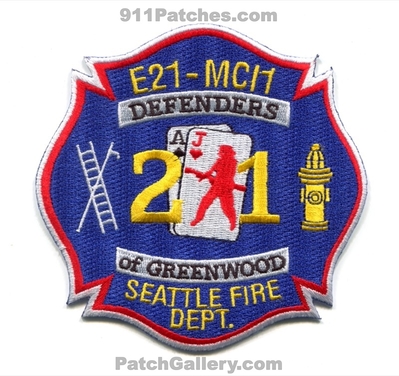 Seattle Fire Department Station 21 Patch (Washington)
[b]Scan From: Our Collection[/b]
Keywords: dept. sfd engine e21 mci1 company co. defenders of greenwood