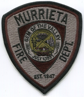 Murrieta Fire Department Patch (California)
Thanks to XChiefNovo for this scan.
Keywords: dept. gem of the valley est. 1947