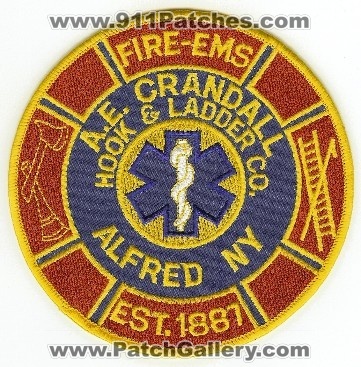 AE Crandall Fire EMS Hook & Ladder Co
Thanks to PaulsFirePatches.com for this scan.
Keywords: new york alfred a.e. company