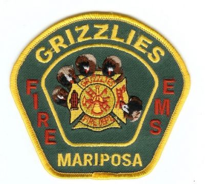 Grizzlies Fire EMS
Thanks to PaulsFirePatches.com for this scan.
Keywords: california mariposa