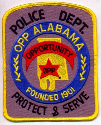 Opp Police Dept
Thanks to EmblemAndPatchSales.com for this scan.
Keywords: alabama department