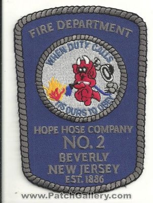 Hope Hose Fire Department Company Number 2 (New Jersey)
Thanks to Ronnie5411 for this scan.
Keywords: dept. co. no. #2 beverly