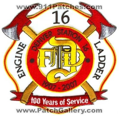 Denver Fire Station 16 100 Years of Service Patch (Colorado)
[b]Scan From: Our Collection[/b]
Keywords: engine ladder