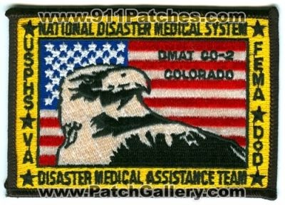 National Disaster Medical System NDMS Disaster Medical Assistance Team 2 DMAT Patch (Colorado)
[b]Scan From: Our Collection[/b]
Keywords: ems fema dod usphs va ndms dmat company co-2