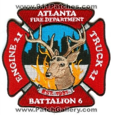 Atlanta Fire Engine 21 Truck 21 Battalion 6 Patch (Georgia)
[b]Scan From: Our Collection[/b]
Keywords: department