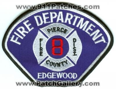 Pierce County Fire District 8 Edgewood Fire Department Patch (Washington) (Defunct)
Scan By: PatchGallery.com
Now East Pierce Fire and Rescue
Keywords: co. dist. number no. #8 department dept.