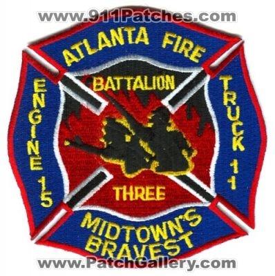 Atlanta Fire Engine 15 Truck 11 Battalion 3 Patch (Georgia)
[b]Scan From: Our Collection[/b]
Keywords: three