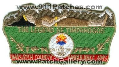 Wasatch County Ambulance EMS Salt Lake 2002 Winter Olympics Patch (Utah)
Scan By: PatchGallery.com
Keywords: co. emergency medical services the legend of timpanogos games