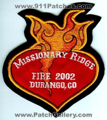 Missionary Ridge Fire 2002 Patch (Colorado) (Reproduction)
Scan By: PatchGallery.com
Keywords: wildland durango