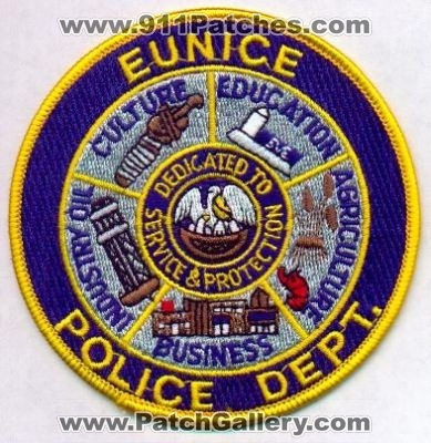 Eunice Police Dept
Thanks to EmblemAndPatchSales.com for this scan.
Keywords: louisiana