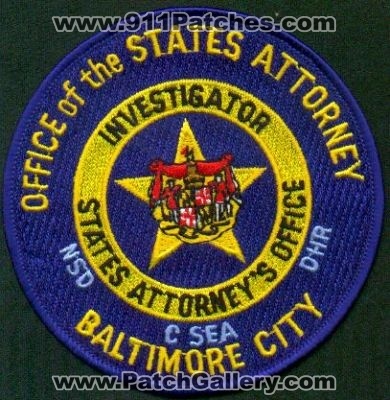 Office of the State's Attorney Investigator
Thanks to EmblemAndPatchSales.com for this scan.
Keywords: maryland states baltimore city