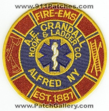 AE Crandall Fire EMS Hook & Ladder Co
Thanks to PaulsFirePatches.com for this scan.
Keywords: new york alfred a.e. company