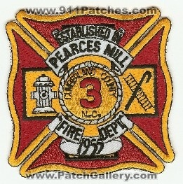 Pearces Mill Fire Dept
Thanks to PaulsFirePatches.com for this scan.
Keywords: north carolina department
