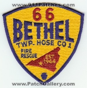Bethel Twp Hose Co 1
Thanks to PaulsFirePatches.com for this scan.
Keywords: pennsylvania township company rescue 66