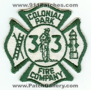 Colonial Park Fire Company 33
Thanks to PaulsFirePatches.com for this scan.
Keywords: pennsylvania