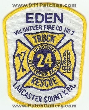 Eden Volunteer Fire Co No 1
Thanks to PaulsFirePatches.com for this scan.
Keywords: pennsylvania company number lancaster county truck rescue 24