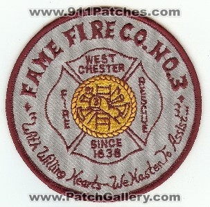 Fame Fire Co No 3
Thanks to PaulsFirePatches.com for this scan.
Keywords: pennsylvania company number west chester rescue