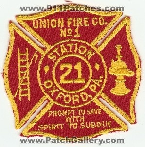 Union Fire Co No 1 Station 21
Thanks to PaulsFirePatches.com for this scan.
Keywords: pennsylvania company number oxford