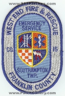 West End Fire & Rescue Co 15
Thanks to PaulsFirePatches.com for this scan.
Keywords: pennsylvania company emergency service southampton twp township
