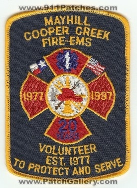 Mayhill Cooper Creek Volunteer Fire EMS
Thanks to PaulsFirePatches.com for this scan.
Keywords: texas