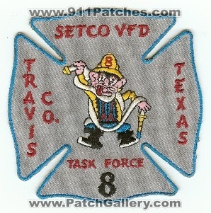 Setco VFD Task Force 8
Thanks to PaulsFirePatches.com for this scan.
Keywords: texas volunteer fire department travis county