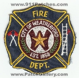Weatherford Fire Dept
Thanks to PaulsFirePatches.com for this scan.
Keywords: texas department city of