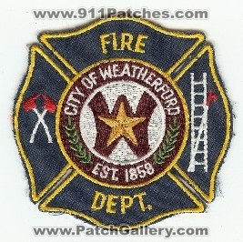 Weatherford Fire Dept
Thanks to PaulsFirePatches.com for this scan.
Keywords: texas department city of