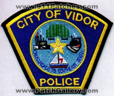 Vidor Police
Thanks to EmblemAndPatchSales.com for this scan.
Keywords: texas city of