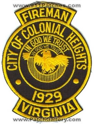Colonial Heights Fire EMS Department Fireman Patch (Virginia)
Scan By: PatchGallery.com
Keywords: city of dept. in God we trust 1929