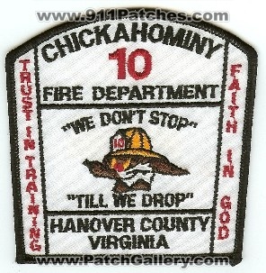 Chickahominy Fire Department
Thanks to PaulsFirePatches.com for this scan.
Keywords: virginia 10 hanover county