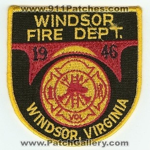 Windsor Fire Dept
Thanks to PaulsFirePatches.com for this scan.
Keywords: virginia department