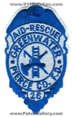 Pierce County Fire District 26 Greenwater Patch (Washington)
Scan By: PatchGallery.com
Keywords: co. f.d. fd dist. number no. #26 aid rescue